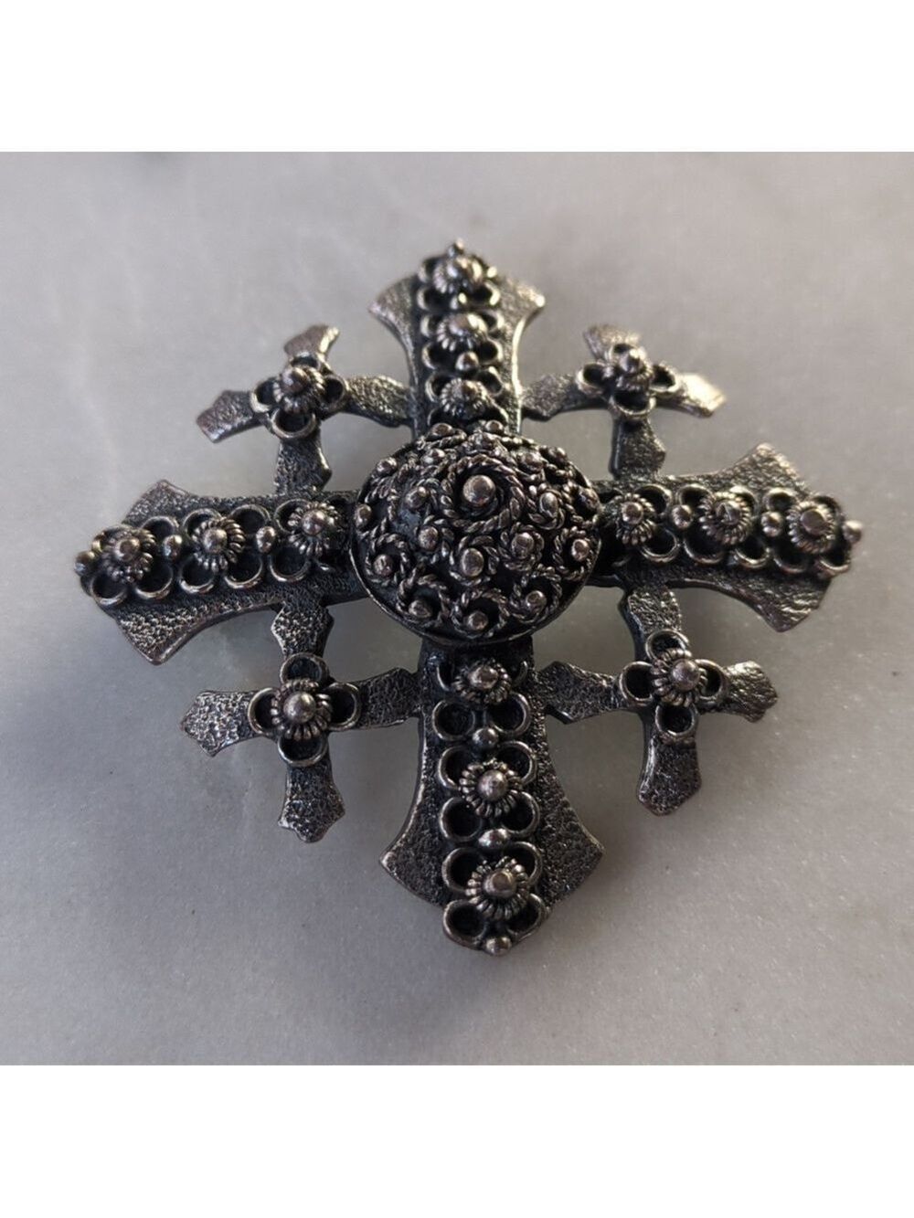 Jerusalem Cross Brooch Pin/Pendant Silver Tone Floral Ornate Vintage - Picture 6 of 7